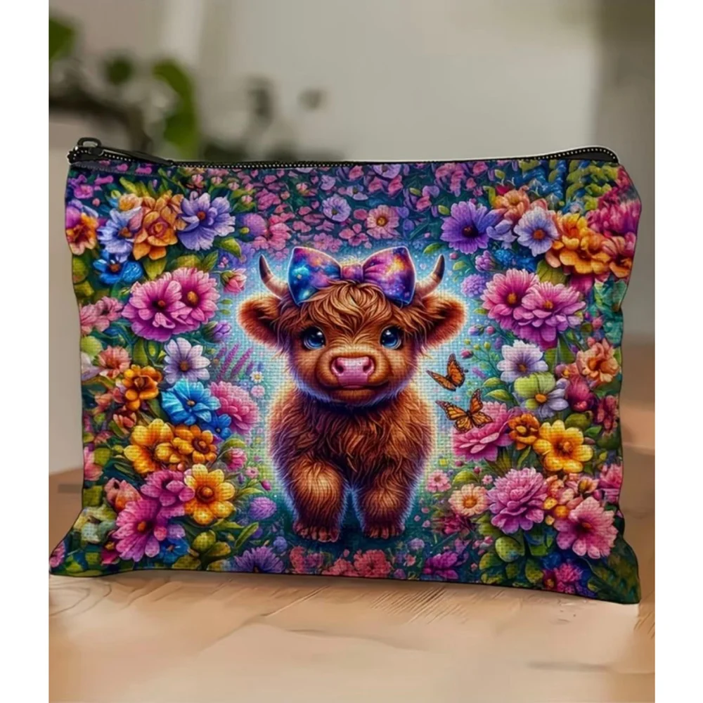 Women's Multicolor Floral Highland Cow Cosmetic Bag One Size